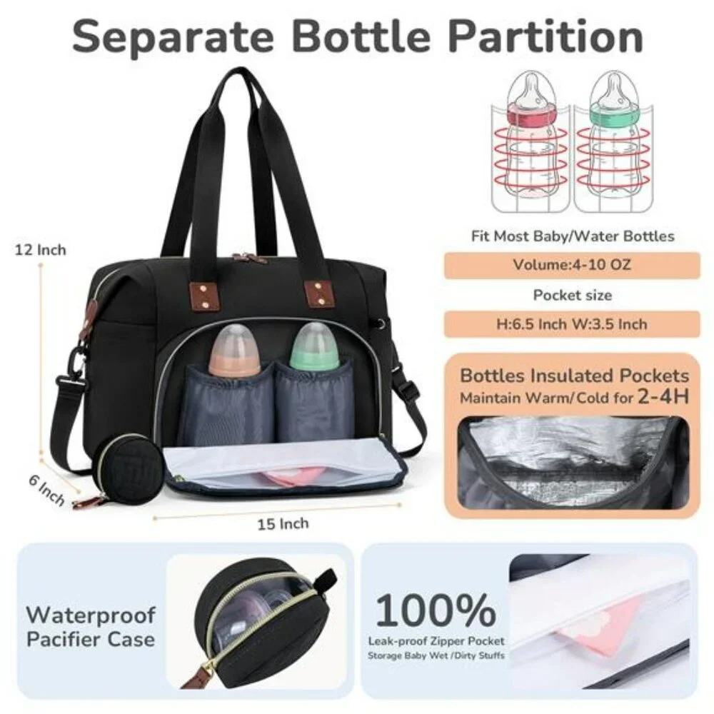 Black Diaper Bag Tote with Pacifier Case Insulated Pockets Travel Baby Hospital